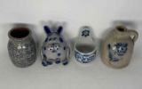 Mini Stoneware Lot- Spongeware Crock, Eldreth Bunny, 