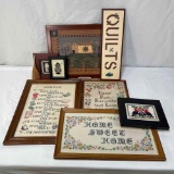 Framed Wall Decor- Quilts Sign, Embroidered Pieces, Paper Cuttings, More