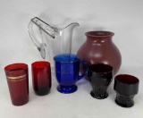 Colored Glass Cups- Cobalt, Cranberry, Red, Clear Pitcher and Pottery Barn Pottery Vase