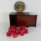 Wooden Box with Slide Lid, 13 Red Dice, German Hand Held Bead Game