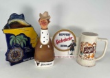 Beer Memorabilia- Florida Bottle, Figural Bourbon Bottle, Knickerbocker Planter, Schlitz Mug