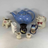 Blue Hall Tea Pot, Cat & Pig Creamers, Cinnamon Shaker, Small Black Vase, Miniature Pitcher, More