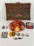 God Bless Our Home Plaque, Vintage Ex-Lax Tin, Bag of Coins/Tokens, Pinbacks, Medals