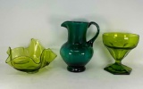 Green Glass Lot- Free-form Bowl, Large Parfait Glass and Dark Green Pitcher