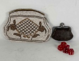 Beaded Clutch, Small Leather Coin Purse and 5 Red Dice