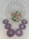 Sydenstricker Clear Glass Ruffled Dish with Irises and 6 Purple/Clear Small Plates