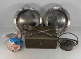 2 Pewter Plates, Silver Plate Salad Tongs, Wire Basket, Metal Box and Bird Creamer