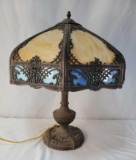 Bronzed Finish Table Lamp with Acorn Finial and Slag Glass Shade