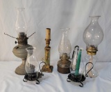 Oil Lamps and Candle Holders with Glass Hurricanes and One Electrified Candlestick