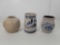 3 Stoneware Pieces- Bulbous Vessel, Blue Leaf Decorated Crock and 