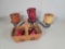Longaberger Basket with Green Weaving, Longaberger Pottery Crocks and Mug on Wrought Iron Stand