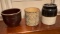 3 Stoneware Crocks- Brown, Spongeware and Lidded Crock