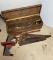 Wooden Carpenter's Box, Hand & Hack Saws, Hammers, Large Pipe Wrench, Craftsman Miter Box,