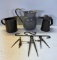 Gray Agate Pitcher, 2 Metal Pouring Vessels, Wrought Iron Hooks, Compass and 2 Tracing Compasses