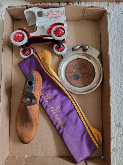 Wooden Shoe Last, Bowling Themed Ash Tray, Sellersville Penna. Hat & Truck Bank with Coins