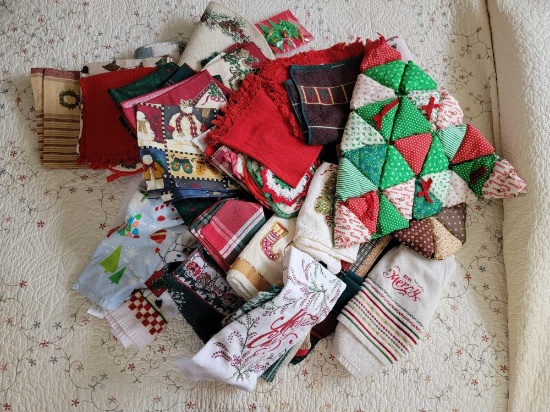 Winter & Christmas Related Towels, Pot Holders, Place Mats, Etc. and 18 Gallon Storage Tote