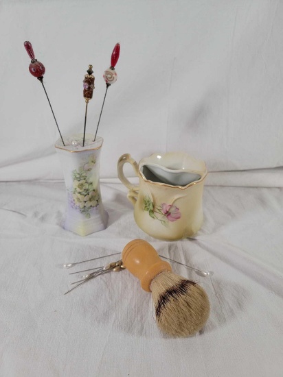 Mustache Cup, Shaving Brush, Hat Pin Holder and Hat Pins