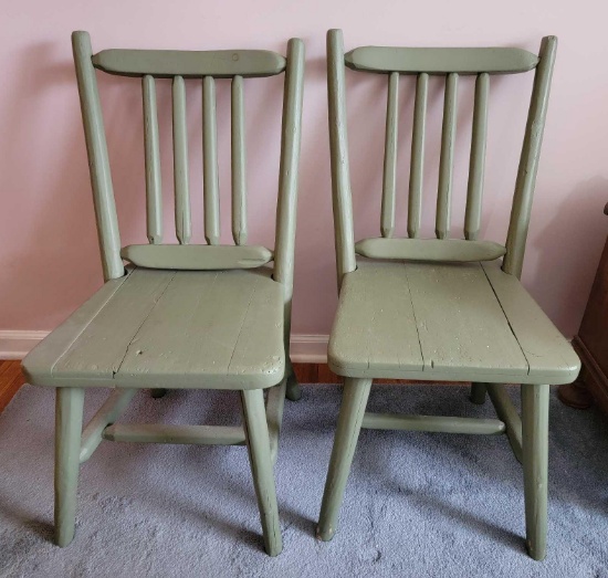 2 Green Painted Adirondack Style Side Chairs