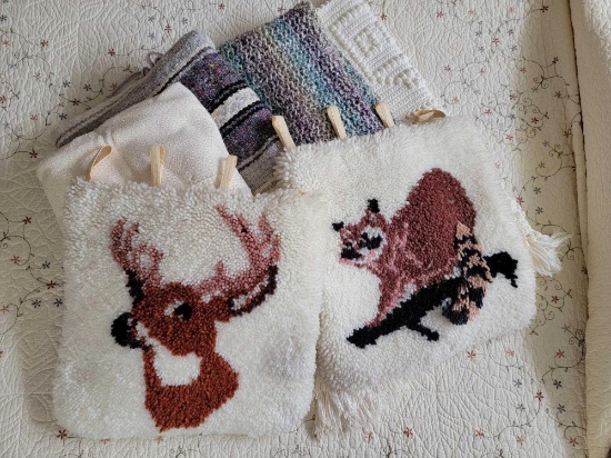 2 Latch Hook Pieces- Buck & Raccoon, 4 Blankets- 2 Crocheted, 1 Woven & One Pulled Thread