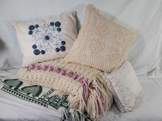 Crocheted and Appliqued Throw Pillows, Crocheted Throw, Woven Throw