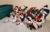 Large Lot of Christmas Decorations- Fabric Santa & Snowmen, Cards, Wreaths, Wood Cut-Outs and Tote