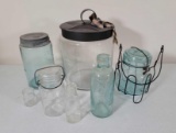 3 Canning Jars, 3 Bottles and Large Jar with Metal Lid