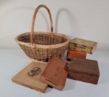 Handled Basket, Wooden & Cardboard Cigar Boxes