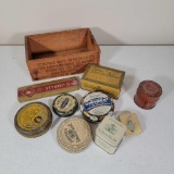 Wooden Box, Antique Tins- Salves, Ointments, Powders, Tobacco, More