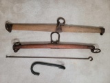 2 Wooden Ring Style Neck Yokes, Wrought Iron Hook and Other Long Hook