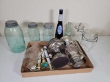 Canning Jars- Blue & Clear, Coors Light & Coke Bottles, Lantern, Oil Lamp, Window Candles