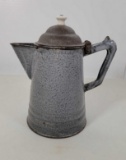 Gray Enamelware / Graniteware Coffee Pot with Porcelain Finial on Lid