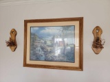 Pair of Wooden Candle Sconces and Framed Countryside Print by Reichardt
