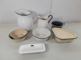 Enamelware Lot- 2 White Pitchers, 3 Basins, Small Gray Bowl, Lidded Strainer and Lidded Long Dish