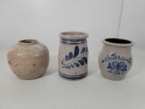 3 Stoneware Pieces- Bulbous Vessel, Blue Leaf Decorated Crock and 