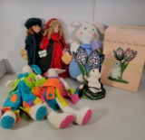 2 Collector Dolls, 3 Stuffed Bunnies and Rabbit with Stained Glass Tulip Lamp with Box