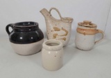 Stoneware Lot- Lidded Bean Pot, Pouring Vessel, Lidded Mug and Small Crock