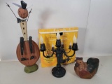 Folky/Country Jack-O-Lantern on Pumpkin, Rooster Figure and Flickering Candelabra with Box
