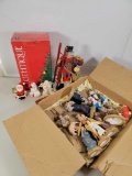 Box of Nativity Figures, Clothique Man with Ladder Figure & Box, 3 Figures- Santa, Angel and Girl