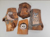 (4)1970's Owl Paintings & Pine Cone Art on Wooden Boards- Paintings are by Betty Trumbauer