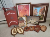Artwork Lot- Framed Autumn Painting, Framed Lace Piece, Framed Prints, Painted Sled, Wall Plaques