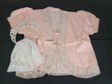 Pink Satin Bed Jacket with Lace Trim, Lace Edged Mob Cap and Beaded Collar