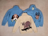3 Youth Sized Hand Knit Sweaters- Buck, Raccoon and Dog