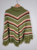 Woman''s Knitted Poncho in Green, White, Coral & Black