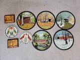 2 Hex Signs, 2 Wood Plaques with Decoupaged Prints, 5 Round Covered Bridge Wall Plaques
