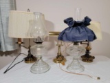 2 Oil Lamps- 1 is Electrified, Brass Piano Lamp, 2 Brass Lamps with Pleated Shades