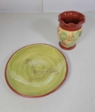 2 Redware PIeces- Bird Decorated Plate and Sponge Painted Ruffled Edge Vase