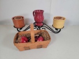 Longaberger Basket with Green Weaving, Longaberger Pottery Crocks and Mug on Wrought Iron Stand
