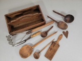 Wooden Caddy, Wooden Utensils- Masher, Fork, Spoons, Ladles, Etc.