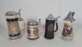 4 Beer Steins with Pewter/ Metal Lids- Germany, Glass & Avon
