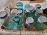 Blue & Clear Canning Jars- Some with Zinc Lids and Wire/Glass Lids